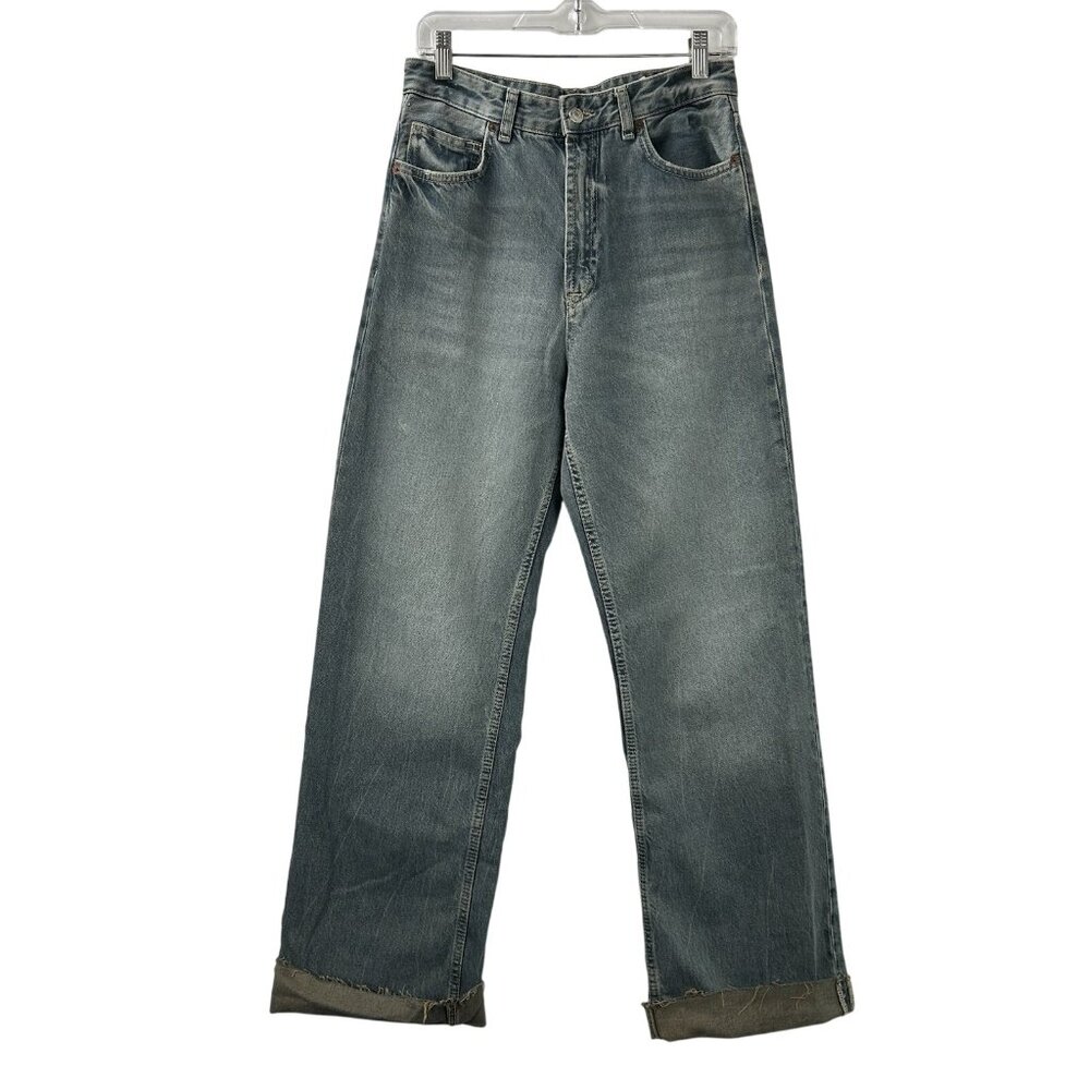 ZARA Women's 8 Jeans Blue Straight Leg High Rise Relaxed Baggy Cuffed Hem Denim - Picture 1 of 14